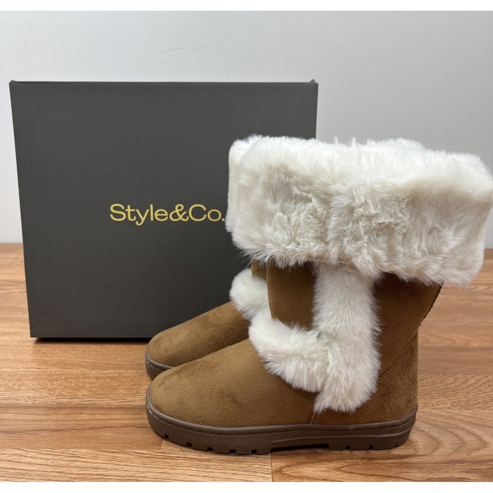 Style & Co Witty Winter Boots Faux Suede & Fur Women's Boots Size 7 Chestnut NEW